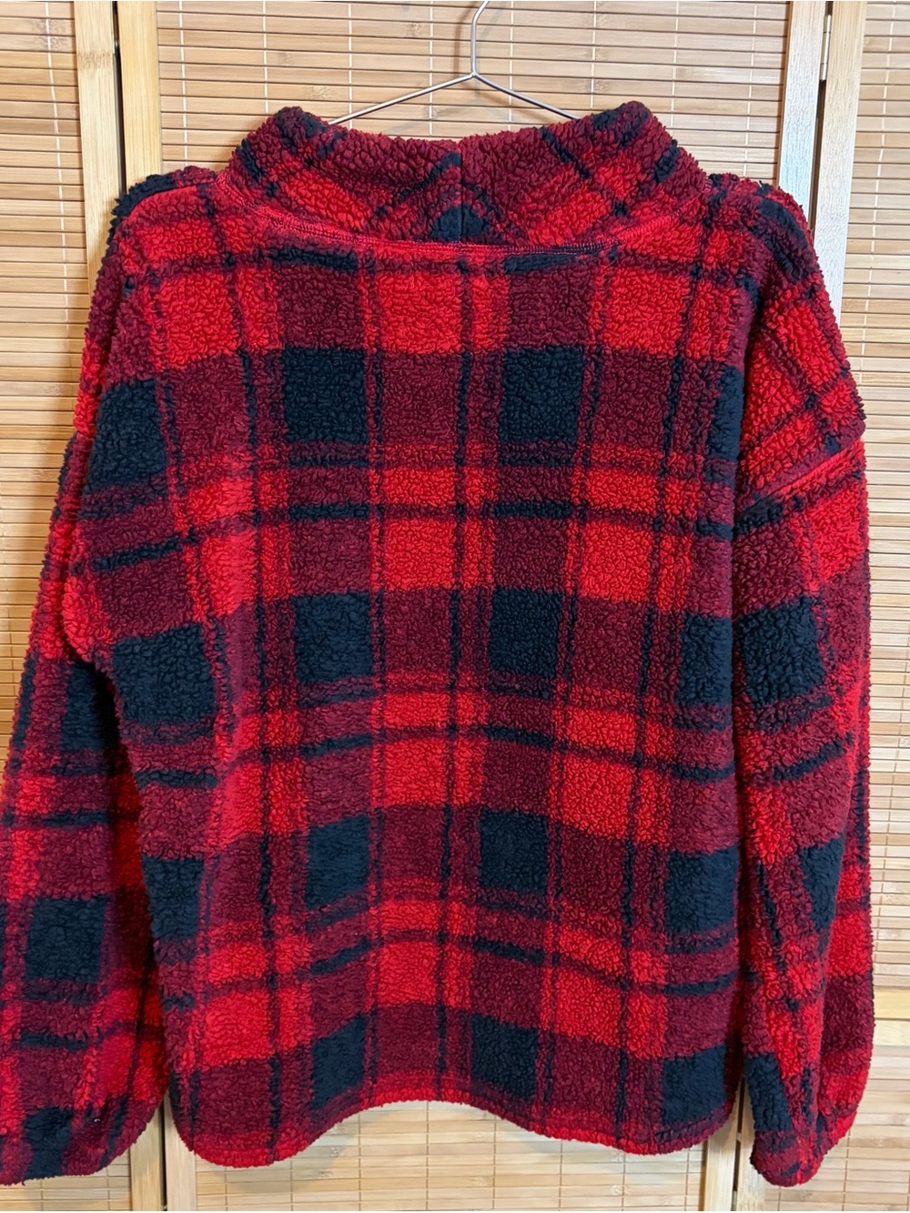 Women’s Plaid Sherpa Pullover Sweater L Mock Neck Red/Blue Academia